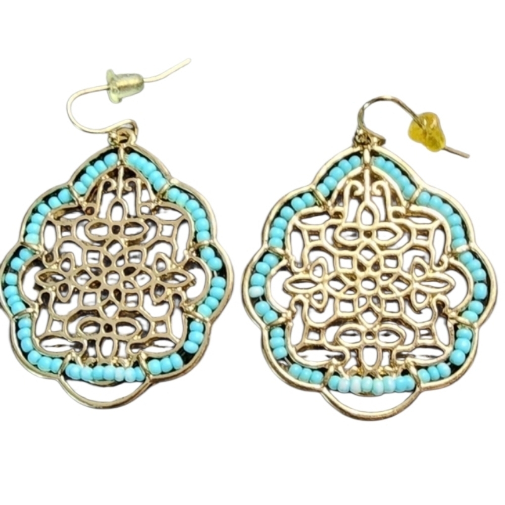 Gold and Aqua Beaded Earrings